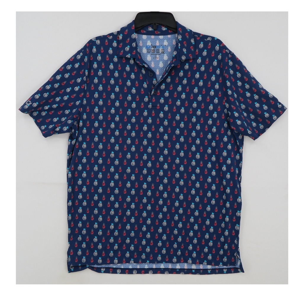 IBKUL Mens Pineapple Print Polo Shirt Blue IceFil UPF 50+ Golf Top Large